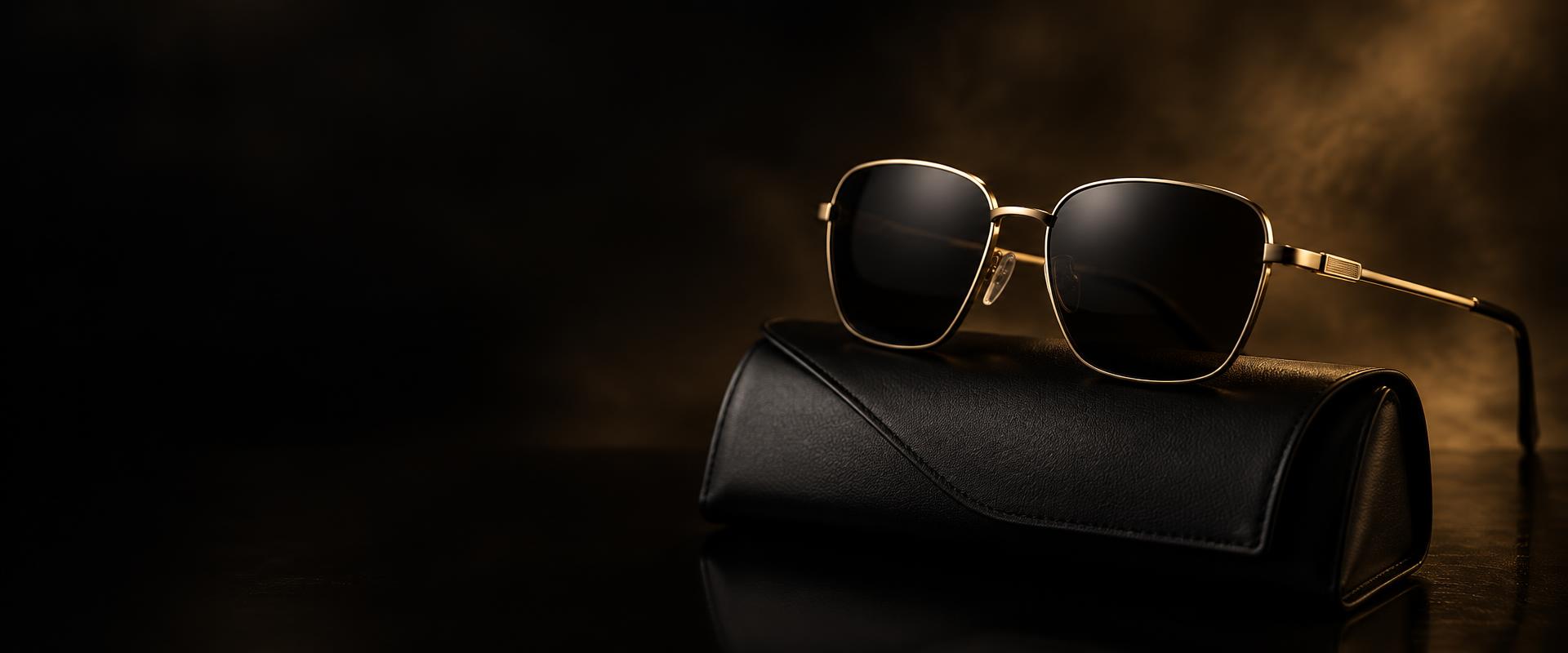 Lumiére Luxe gold-rimmed sunglasses on leather case